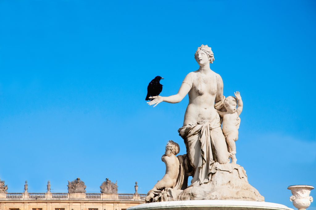 Fotografía artística cuervo negro posado mano estatua clásica mármol, cielo azul intenso, España, contraste