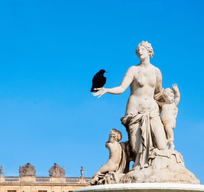 Fotografía artística cuervo negro posado mano estatua clásica mármol, cielo azul intenso, España, contraste