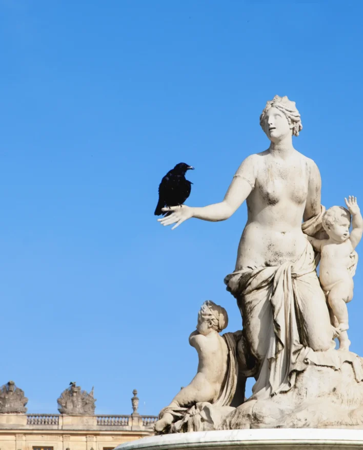 ave volando junto a escultura blanca contra cielo azul