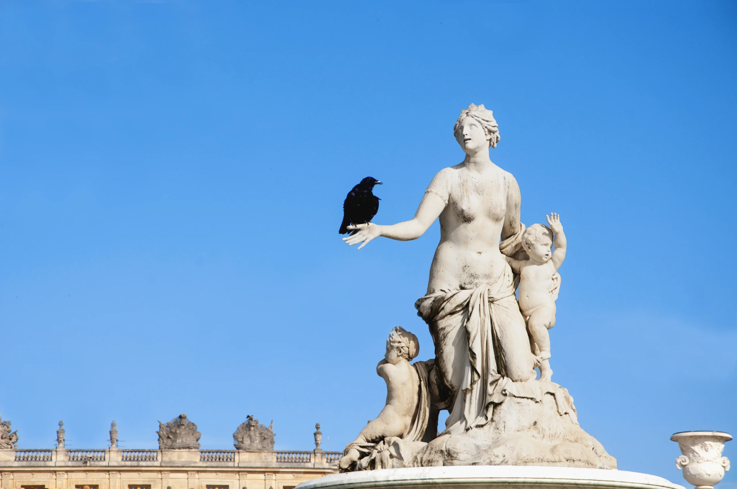 ave volando junto a escultura blanca contra cielo azul